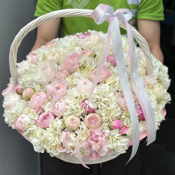 Премиум корзина гортензий и пионов в Нижнем Новгороде
